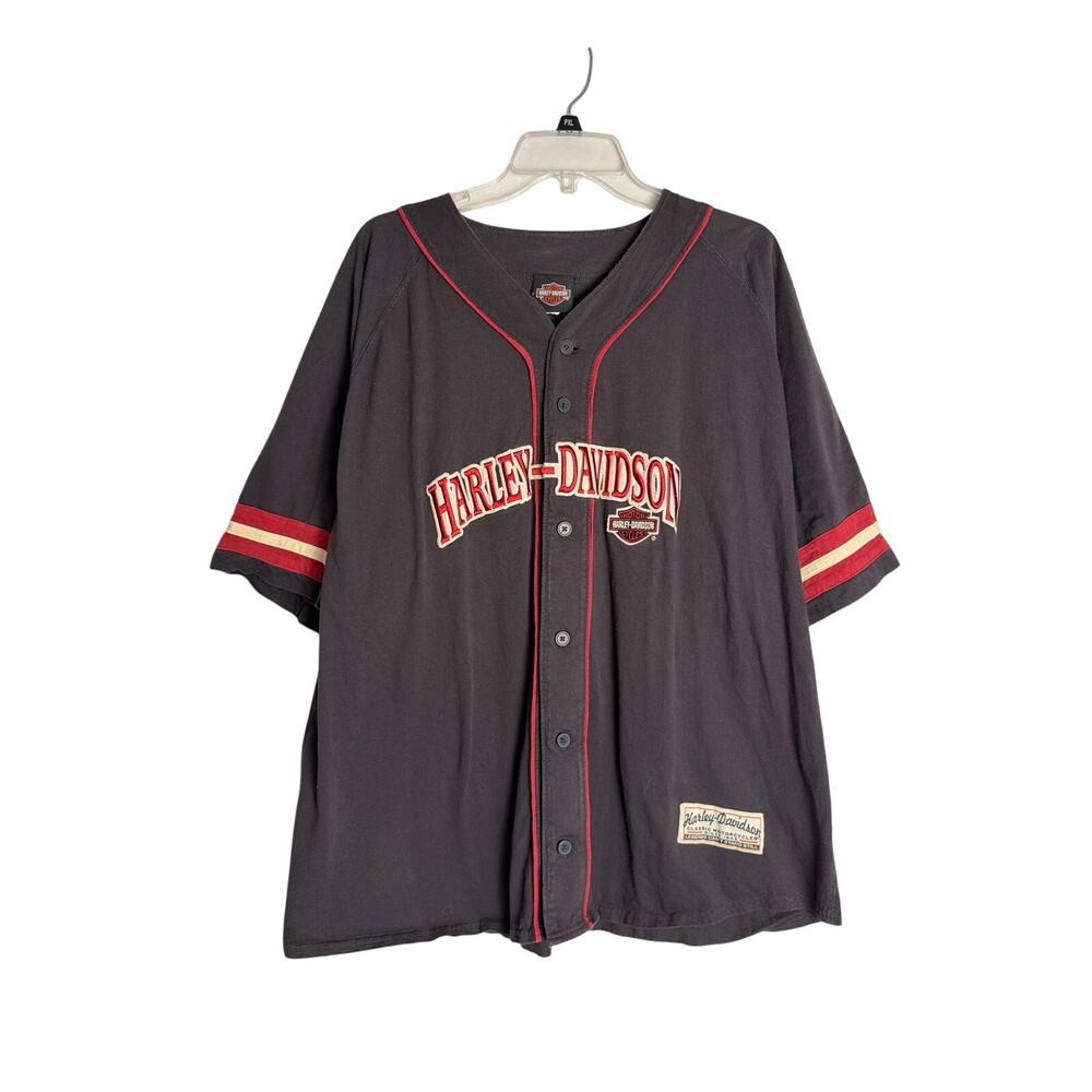 Harley Davidson Baseball Jersey Mens 2XL Black Red Button Up Embroidered Logo